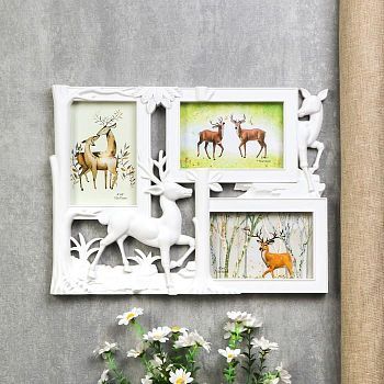 Фоторамка пластик на 3 фото 10х15 см "Лесной олень" белая 28х36,5х3 см