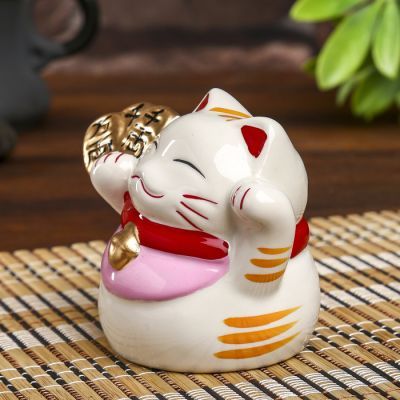 Копилка керамика "Манэки-нэко иероглиф богатство" 7,5х7х7 см