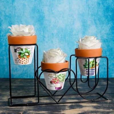 Набор кашпо керамических 3 шт, на подставке "IloveU", кашпо 9*9см