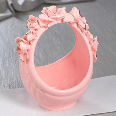 Конфетница "Корзина", розовая, лепка, золотистая роспись, 22 см, микс