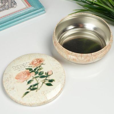 Шкатулка круглая "Розы на кремовом" 13,5х4,5 см