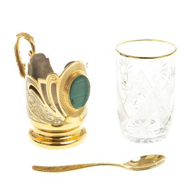 Подстаканник "Малахитовый" с ложечкой в стильной коробке (золото, никель)