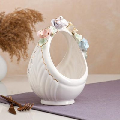 Конфетница "Корзина", белая, цветная лепка, птички, 22 см, микс