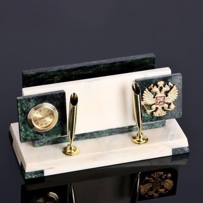 Набор настольный "Герб", с двумя подставками под ручки, 22х10х10 см змеевик, мрамор