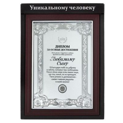 Диплом в рамке "Любимому сыну", серебро 14,8 х 19,8 см