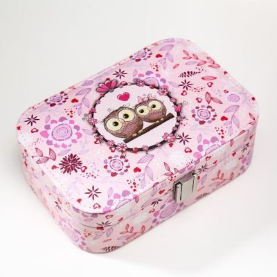 Шкатулка кожзам под часы 1 отделение и бижутерию "Совушки на ветке" 7х20х14 см