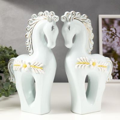 Сувенир керамика "Лошадки с незабудками" голубой набор 2 шт 25х15,5х6 см