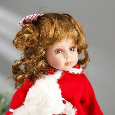 Кукла коллекционная керамика "Малышка Аля в красном свитере и юбке в горох, с мишкой"30,5 см
