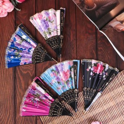 Веер пластик, текстиль "Цветочный" с тесьмой МИКС 22,5 см