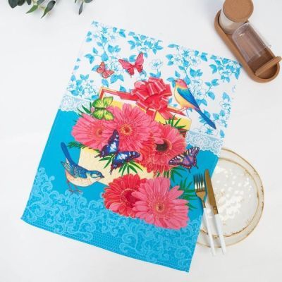 Полотенце вафельное  "Герберы" 45х60 см, бирюза, 160 гр/м, хл,