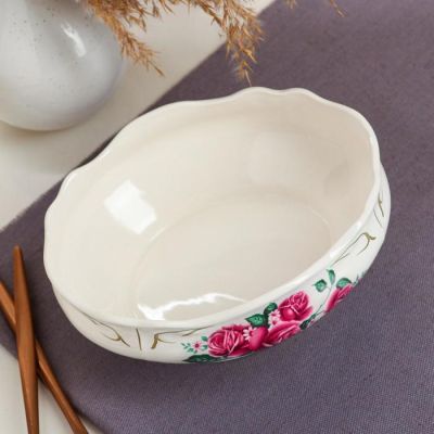 Салатник "Овал", белый, цветы, 1 л, деколь микс