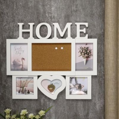 Фоторамка пластик на 5 фото 9х11, 10х10, 10х15 см "Дом" белая, пробка 15х20 38х45,5 см