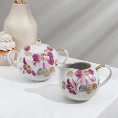 Сервиз чайный «Тюльпан. Пурпуровый цветок», 15 предметов: чайник 750 мл, сахарница 600 мл, сливочник 300 мл, 6 чашек 220 мл, 6 блюдец 15 см