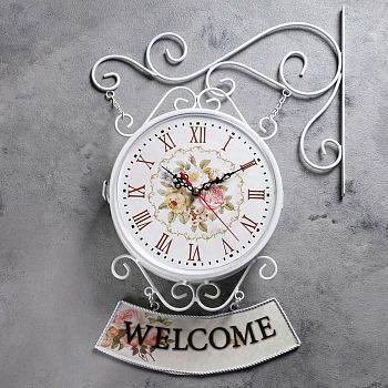 Часы настенные двойные, серия: Садовые, "WELCOME", d=23 см, 47 х 31 см, белые