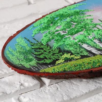 Панно на спиле "Мишка в лесу", 60 см, каменная крошка, горизонтальное