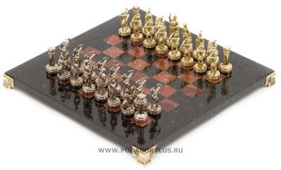 Шахматы "Лучники" камень змеевик креноид доска 28х28 см №19