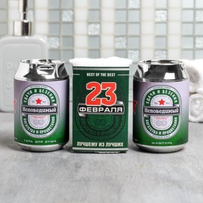 Набор «Непобедимый» гель и шампунь банка пива 250 мл аромат сливочного пива, полотенце