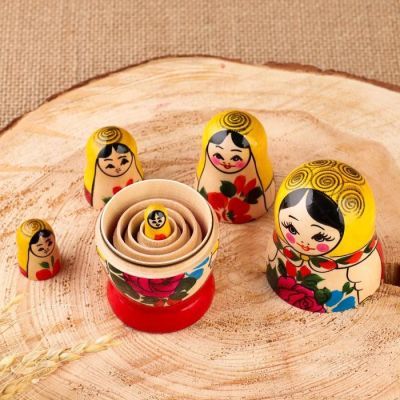 Матрёшка «Семёновская», желтый платок, 5 кукольная, 10 см, ручная работа
