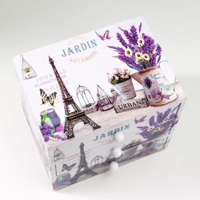 Шкатулка дерево комод 3 ящика "Лаванда и Эйфелева башня" 14,8х15,6х11,6 см
