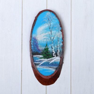 Картина "Зима" на срезе дерева, каменная крошка