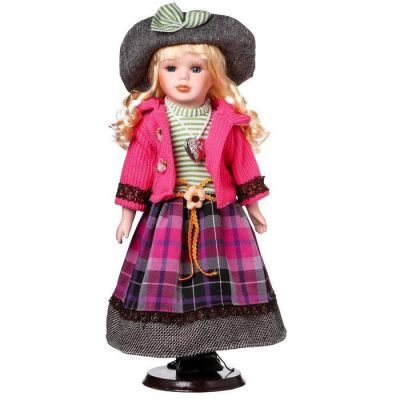 Кукла коллекционная керамика "Блондинка с кудрями, розовый пиджак и клетка" 40 см