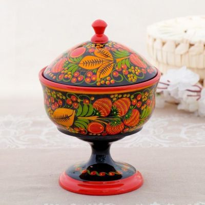 Конфетница, с крышкой, большая, хохлома