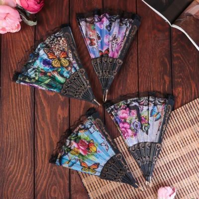Веер пластик, текстиль "Бабочки и розы" чёрное кружево МИКС 23 см