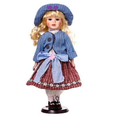 Кукла коллекционная керамика "Блондинка с кудрями, розовая юбка и голубой пиджак" 40 см
