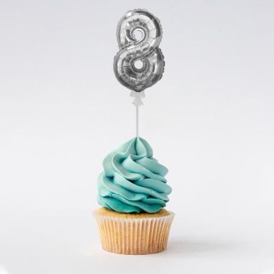 Цифра-топпер 3" «8» с палочкой, самодув, индивидуальная упаковка, цвет серебряный