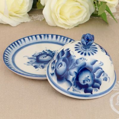 Маслёнка "Цветочек", гжель, фарфор, 2с