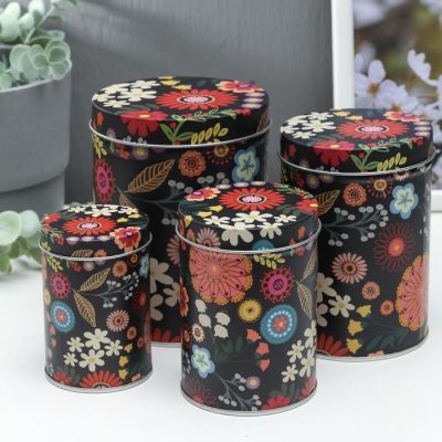 Шкатулка металл цилиндр "Цветы на чёрном" набор 4 шт 9,5х6; 11х7,5; 12,5х9; 14х10,5х10,5 см   535240