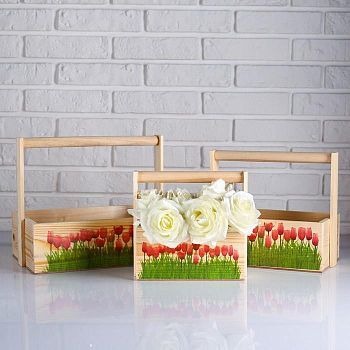 Набор кашпо деревянных подарочных Капоне "Розовые тюльпаны", 3 в 1, ручка