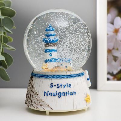 Сувенир полистоун водяной шар свет, музыка "Парусник/Маяк" 12,5х8х8 см