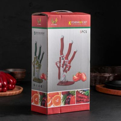 Набор кухонный на подставке «Роза любви», антиналипающее покрытие, 4 предмета: ножи 12 см, 14 см, 17 см, овощечистка, цвет красный