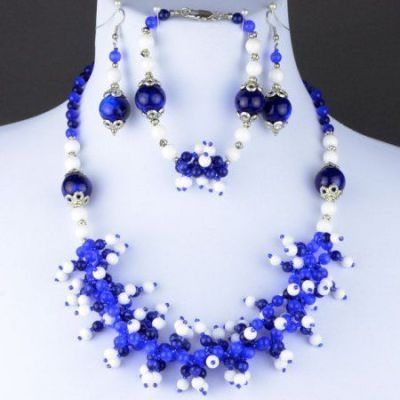 Комплект Кахолонг, бисер, кошачий глаз "Полярная ночь" арт. ВАС-1499