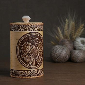 Туес   "Подсолнухи" обод тиснение, d-10 h-17, береста