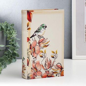 Сейф-книга дерево кожзам "Зелёная птичка с розовыми цветами" 21х13х5 см