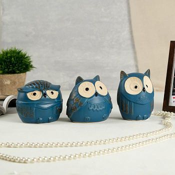 Сувенир керамика копилка "Совушки" синий матовый набор 3 шт 10х8х10 см