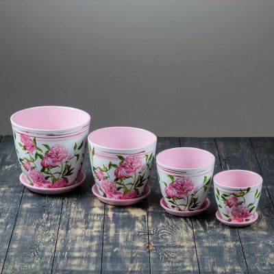 Набор горшков цветочных "Бутон Декупаж" розовые цветы 1/2/3,8/5,4 л