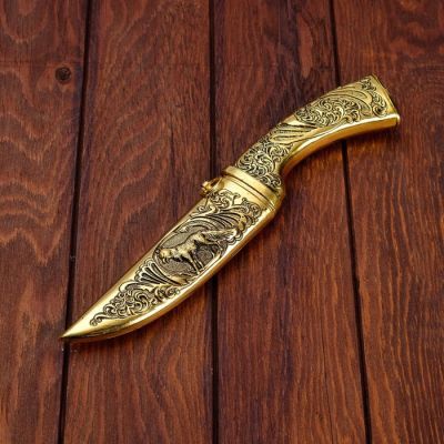 Сувенирный нож, рукоять под золото, расписная объемная, на ножнах пес, 5х30 см