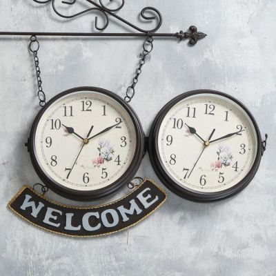 Часы настенные двойные, серия: Садовые, "WELCOME", плавный ход, d=20 см, 55 х 36 см