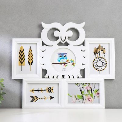 Фоторамка пластик на 5 фото 10х15 см, 12х12 см "Филин" белая 44,5х38 см