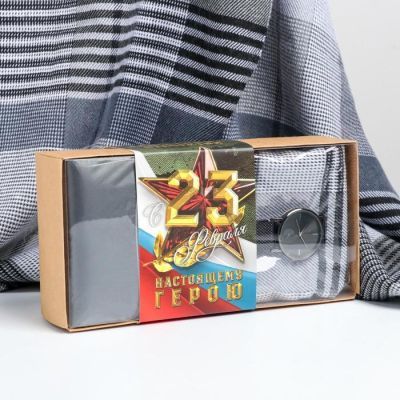 Набор "Настоящему герою", шарф, ремень, кошелек и наручные часы