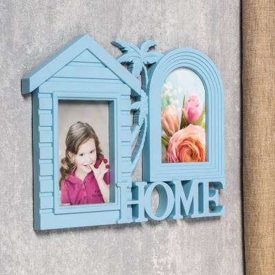 Фоторамка пластик на 2 фото 10х15 см "Дом и пальма" голубая 26,5х34 см