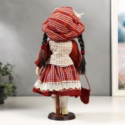 Кукла коллекционная керамика "Иришка в красном платье в клетку" 40 см