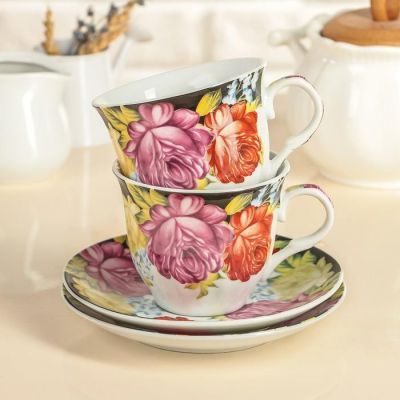 Сервиз чайный Доляна «Роспись»,4 предмета: 2 чашки 210 мл, 2 блюдца