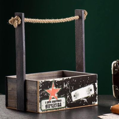 Кашпо деревянное "День Защитника" 24,5х17х9 (30) см ручка канат, коричневый