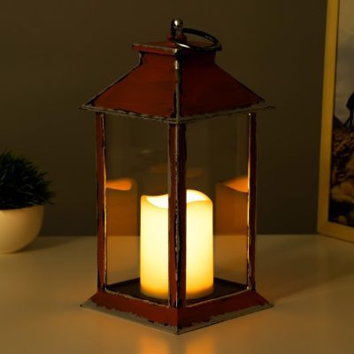 Ночник "Фонарь со свечой" LED от батареек 3хААА красный 14х14х29,5 см