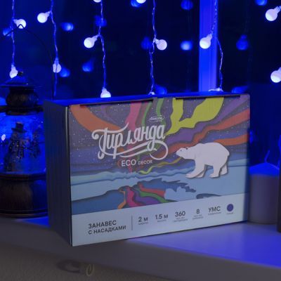 Гирлянда «Занавес» 2 × 1.5 м с насадками «Шарики», IP20, прозрачная нить, 360 LED, свечение синее, 8 режимов, 220 В