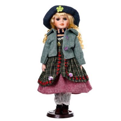 Кукла коллекционная керамика "Блондинка с косами, сарафан голуб.клетка, зелён.пиджак" 40 см